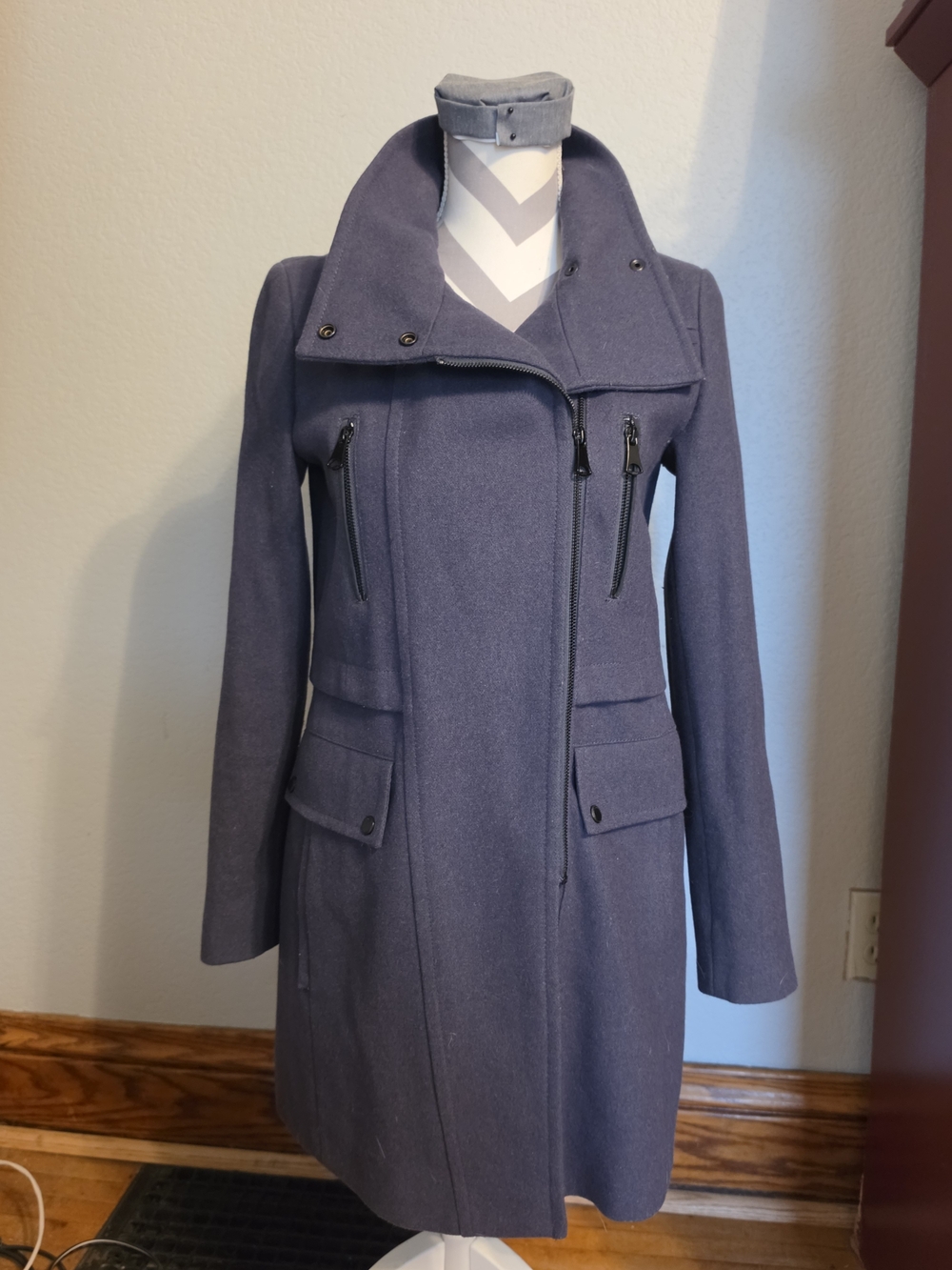 Marc New York Slate Blue Asymmetrical Zip Wool Coat